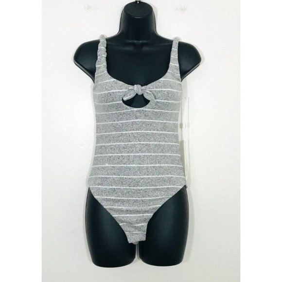 BEACH BUNNY Swimwear Peyton Bodysuit‎ Grey Cheeky Bow Keyhole, S NWT - Picture 4 of 12